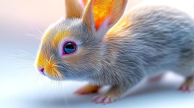A close-up of a fluffy rabbit exploring a soft, illuminated surface with a serene background photo