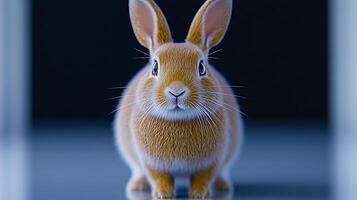 A close-up of a fluffy orange rabbit posing confidently against a dark background photo