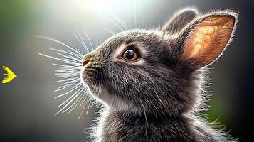 A close-up of a fluffy gray rabbit gazing thoughtfully with soft sunlight illuminating its fur photo