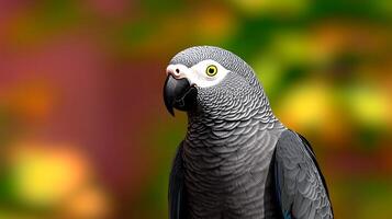 A close-up of a grey parrot perched against a vibrant, blurred natural backdrop, showcasing its colors photo