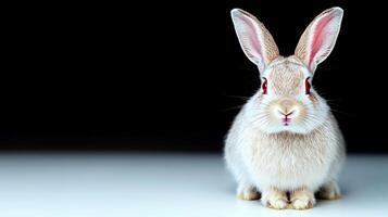 A close-up of a fluffy white rabbit with striking red eyes against a dark background photo