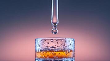 A close-up of a water droplet falling into a glass with bubbles, set against a gradient background photo