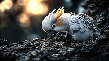 A close-up of a white cockatoo perched on a textured tree branch during sunset, showcasing its vibrant feathers photo