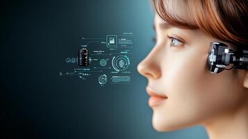 A close-up of a woman with a futuristic device on her head, analyzing digital data in a tech-inspired environment photo