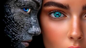 A close-up portrait of a futuristic female face merging with a digital circuit background, showcasing technology photo