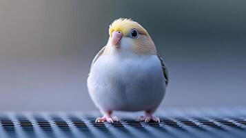 A close-up of a small, plump bird with a yellow crown, perched on a textured surface, outdoors photo