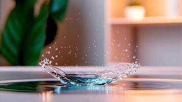 A close-up of a water splash creating ripples in a serene indoor setting with soft lighting photo