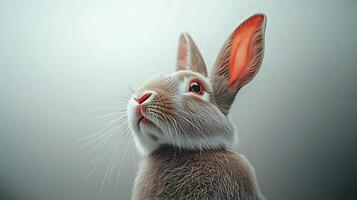 A close-up portrait of a curious rabbit with vibrant ears against a soft, blurred background photo