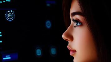 A close-up of a woman interacting with a futuristic digital interface in a dark environment photo