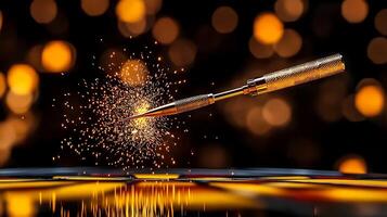 A close-up of a spark-producing tool creating mesmerizing sparks against a blurred, colorful background photo