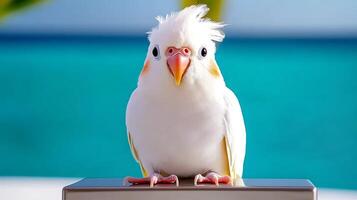 A close-up of a white bird with a distinctive crest perched on a ledge by a vibrant blue ocean photo