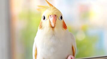 A close-up of a vibrant cockatiel perched indoors, with a soft blurred background of greenery photo