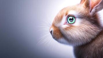 A close-up profile of a cute rabbit with vibrant green eyes against a soft gradient background photo