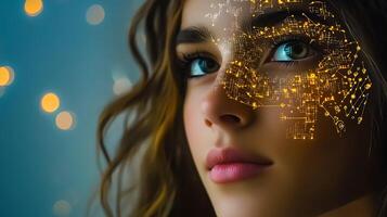 A close-up portrait of a woman with digital circuitry on her face, set against a blurred background of lights photo