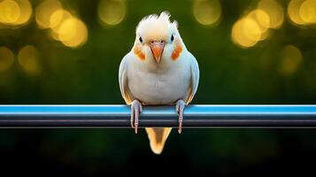 A close-up of a vibrant cockatiel perched on a railing, surrounded by a blurred green background photo