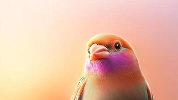 A colorful bird with vibrant plumage perched against a softly blurred pastel background photo