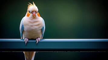 A colorful bird perched on a railing, surrounded by a blurred green background, evoking tranquility photo
