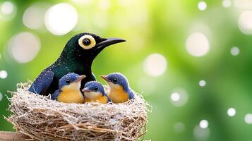 A colorful bird caring for its three chicks in a cozy nest surrounded by a vibrant, blurred background photo
