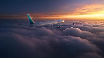 A commercial airplane soaring above fluffy clouds at sunset, showcasing vibrant colors and serene skies photo