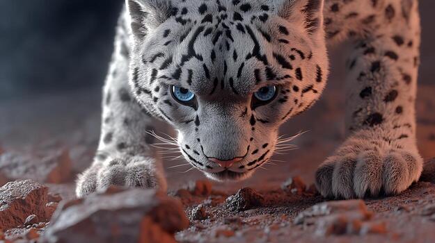 A close-up view of a snow leopard stalking through rocky terrain, showcasing its intense gaze and striking fur patterns photo