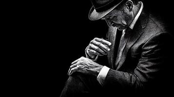 A contemplative man in a suit and hat sits in shadows, reflecting on life amidst a dark backdrop photo