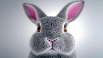 A close-up view of a fluffy gray rabbit with bright eyes against a soft gradient background photo