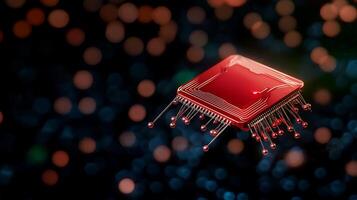 A close-up view of a glowing red microchip floating above a vibrant, blurred digital background photo