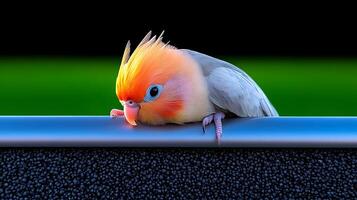 A colorful bird with a vibrant orange crest perches on a railing, set against a blurred green background photo