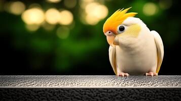 A curious cockatiel perched on a textured surface, surrounded by a lush green background photo