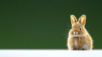 A cute rabbit sitting on a white surface with a blurred green background, evoking a serene atmosphere photo