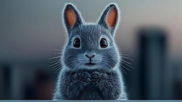 A cute gray rabbit with large eyes and fluffy fur, sitting on a ledge against a city skyline backdrop photo