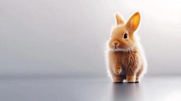 A cute, fluffy rabbit stands on a smooth surface with a soft gradient background, creating a serene atmosphere photo