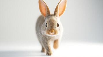 A cute rabbit hops towards the camera in a softly lit studio, showcasing its fluffy fur and alert expression photo