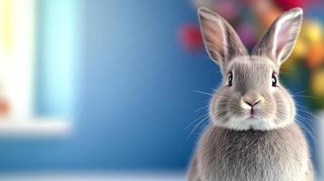 A cute gray rabbit looking directly at the camera in a colorful, festive room with balloons photo