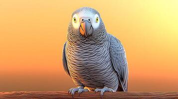 A detailed close-up of a gray parrot perched on a wooden branch during a vibrant sunset photo