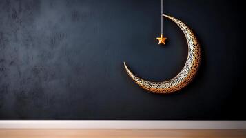 A decorative crescent moon and star hanging against a dark wall, creating a serene ambiance photo
