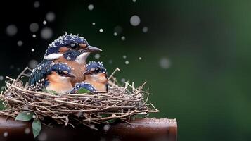 A family of kingfishers nestled in a cozy nest, surrounded by soft snowfall in a serene environment photo