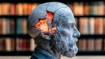 A detailed sculpture of a man head with a cracked surface revealing glowing light, set in a library photo