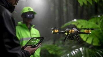 A drone pilot operates a high-tech drone in a lush green forest, showcasing advanced technology in nature photo
