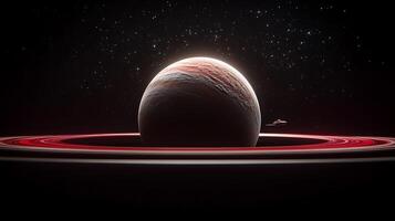 A distant planet with vibrant rings and a spacecraft exploring the cosmic scenery photo