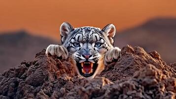 A fierce snow leopard emerging from rocky terrain at sunset, showcasing its powerful presence photo