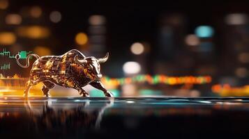 A dynamic metallic bull representing market growth, set against a vibrant city skyline at night photo