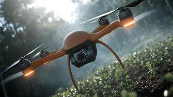 A drone equipped with a camera flying over a lush green field in a serene forest setting photo