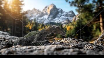 A digital creature exploring rocky terrain in a vibrant forest with majestic mountains in the background photo