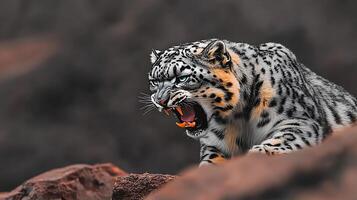A fierce snow leopard growls atop rocky terrain, showcasing its powerful presence in a wild setting photo