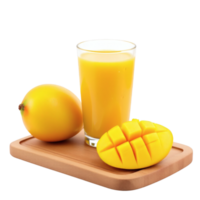 Mango juice and half of a mango on a wooden tray png