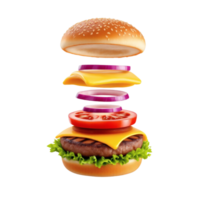 A hamburger with cheese, tomatoes and onions png