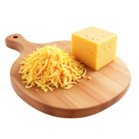 A wooden cutting board with cheese and a cube of cheese png