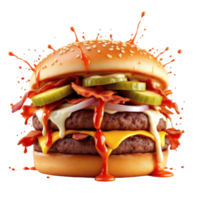 A large hamburger with bacon, cheese and pickles png