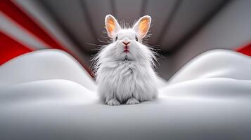 A fluffy white rabbit sitting on a smooth surface with a colorful abstract background photo